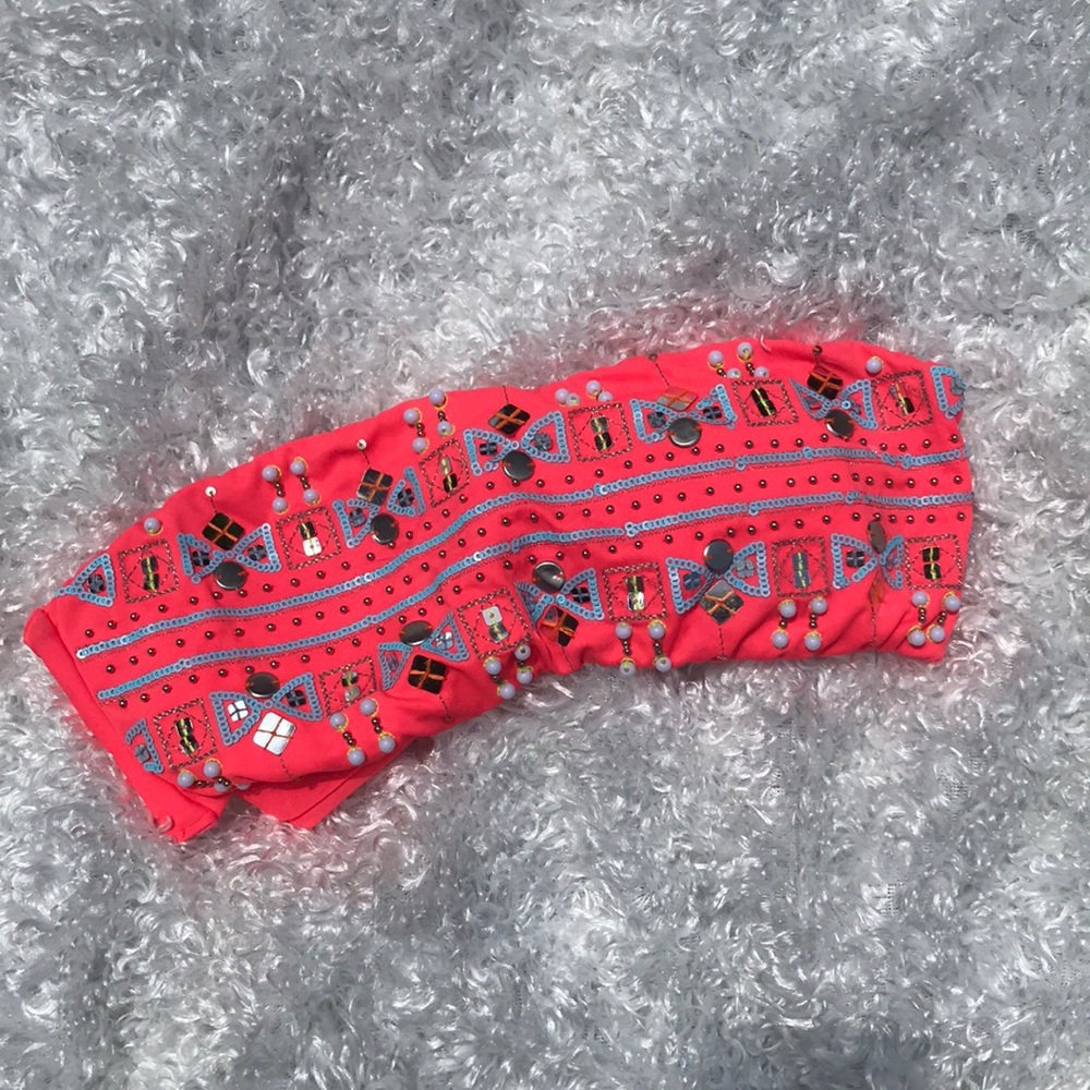 Coral embellished bandeau swim top